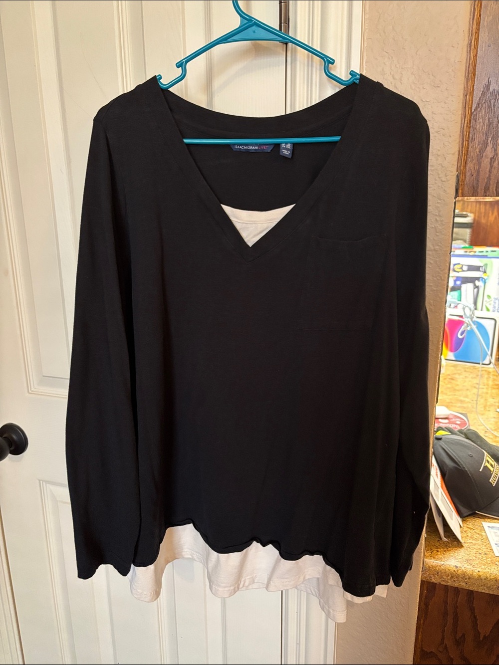 Isaac Mizrahi LIVE! Layered-Look V-Neck Top in Black and Cream